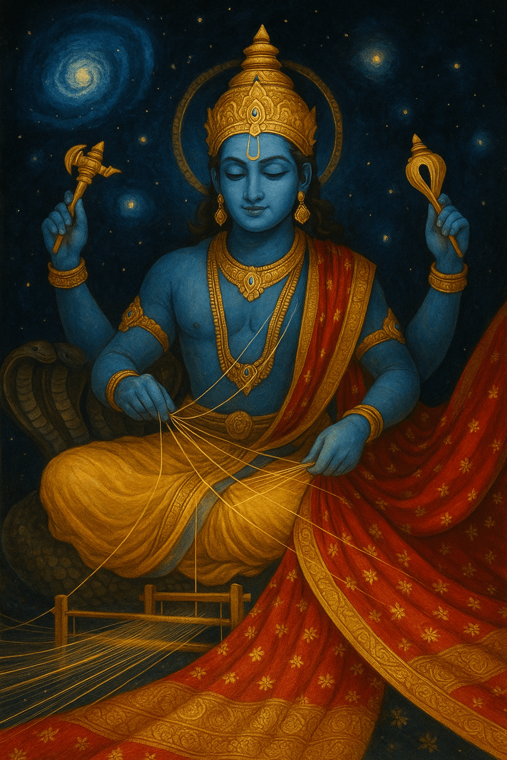 The legend of the cosmic weaver: vishnu spinning the universe in silk threads