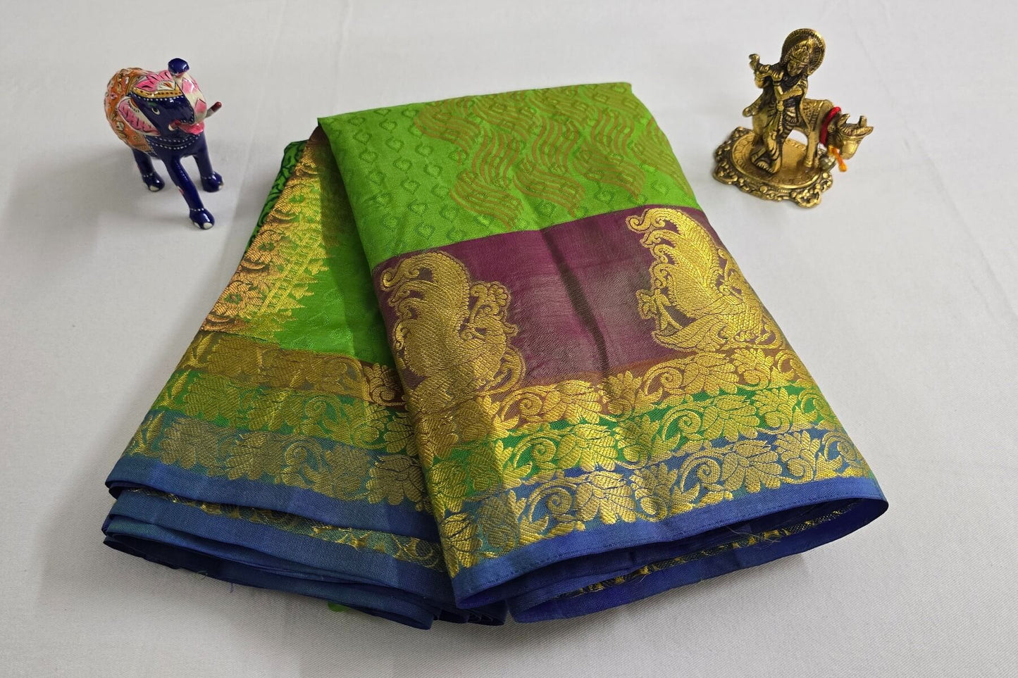 Parrot green Block printed Light Weight Kanjivaram Silk Saree SS5592