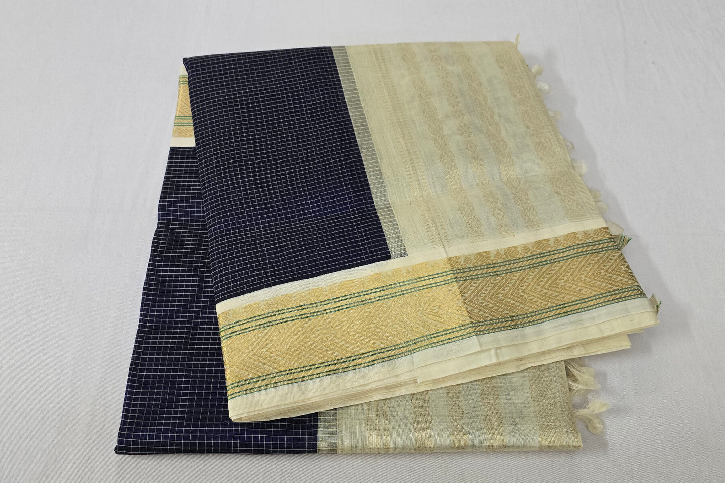 Checked navy blue silk cotton saree