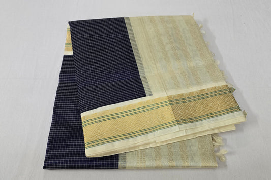 Checked navy blue silk cotton saree