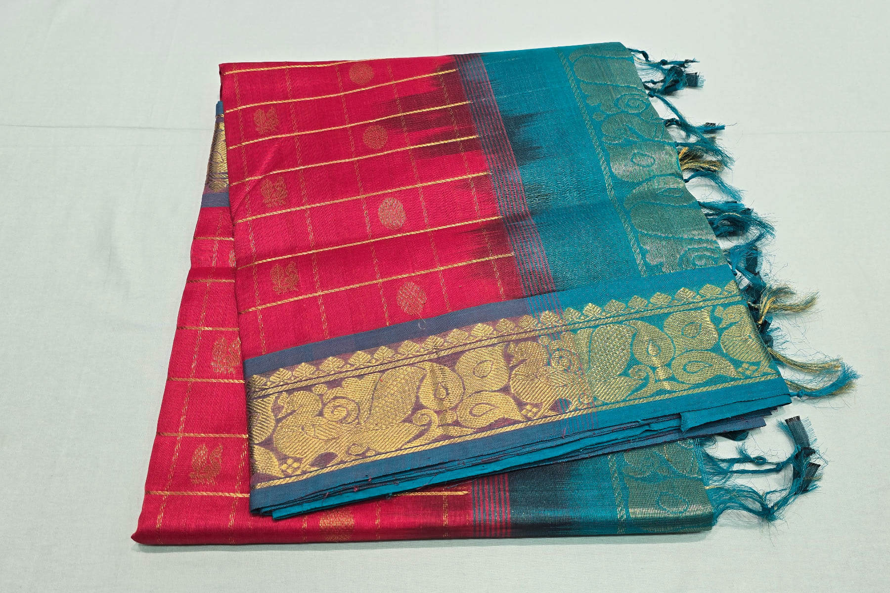 Tomato pink silk cotton saree