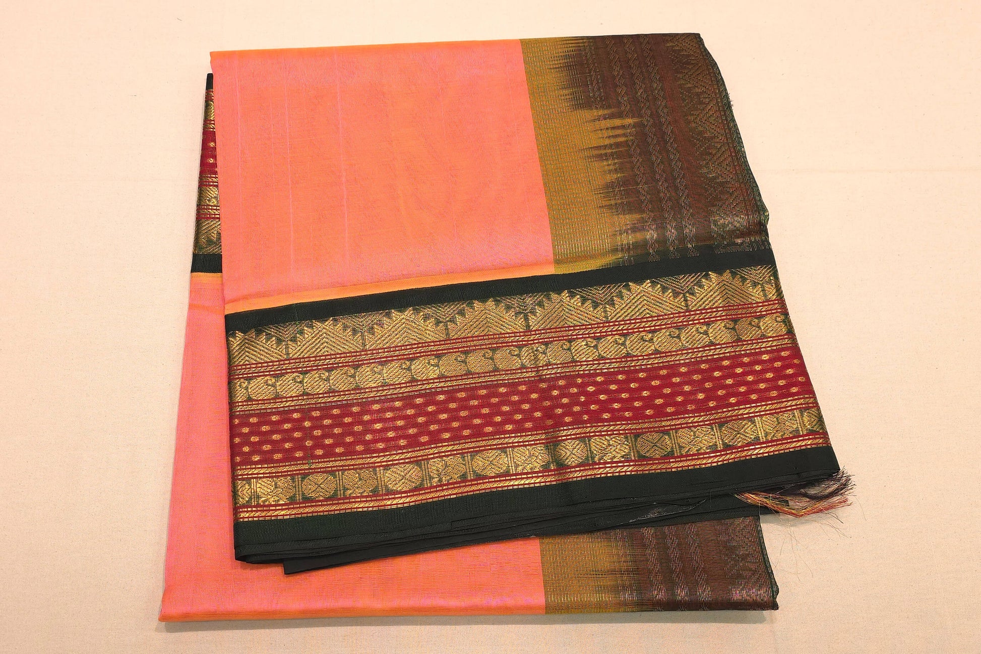Peach pink silk cotton saree