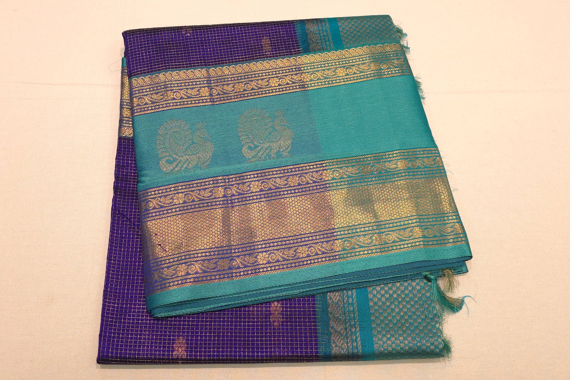 Blue zari micro checked silk cotton saree
