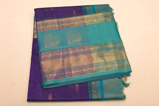 Blue zari micro checked silk cotton saree