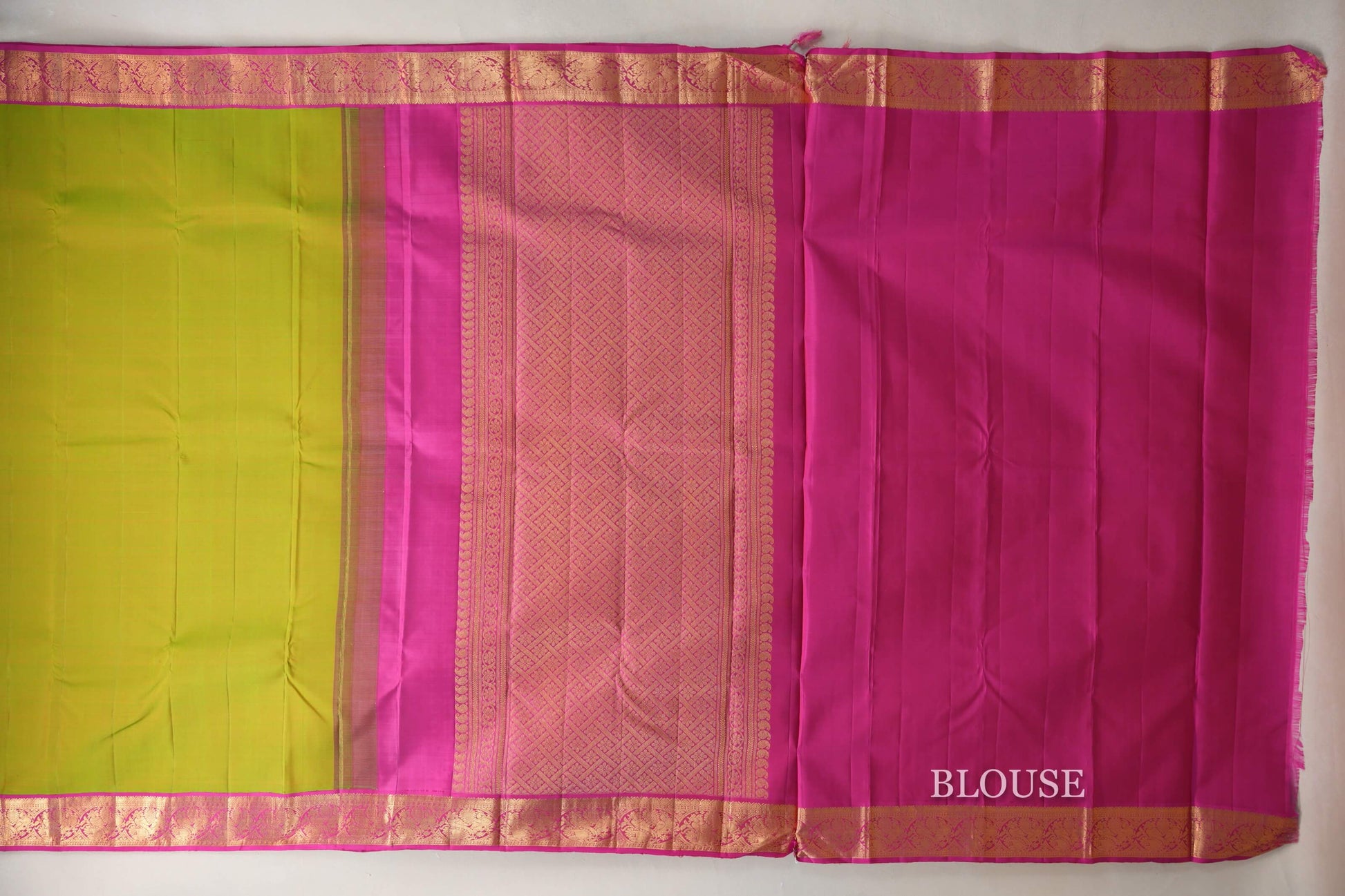 Dual Tone of Yellow & Green with Rani Pink Borders Vintage Kanjivaram Silk Saree blouse