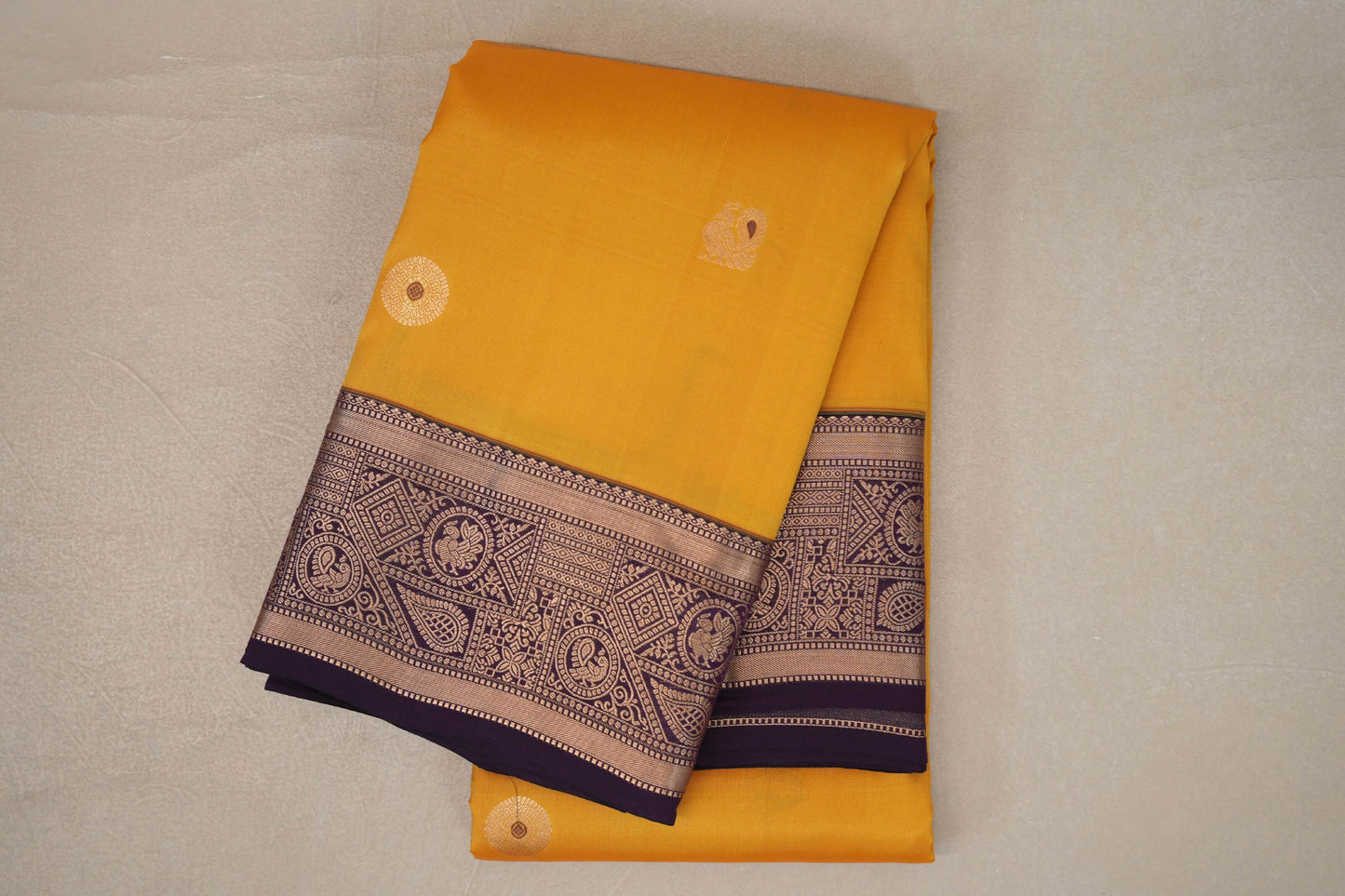 Bright Yellow with Deep Plum Borders Soft Silk Saree