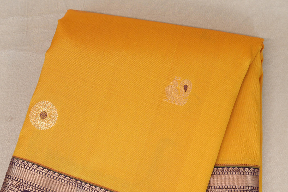 Bright Yellow with Deep Plum Borders Soft Silk Saree body