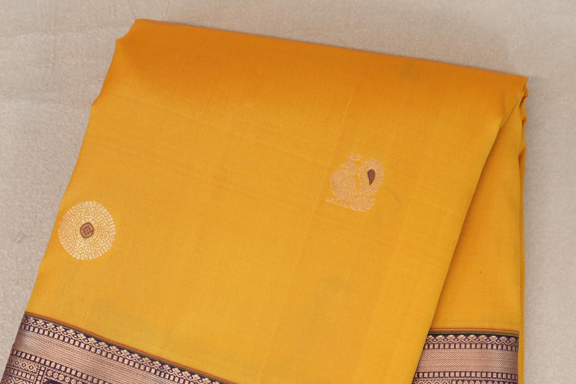 Bright Yellow with Deep Plum Borders Soft Silk Saree body