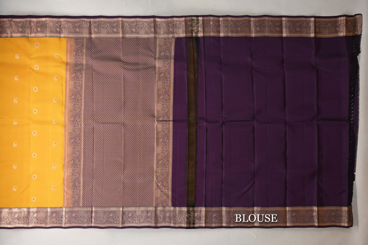 Bright Yellow with Deep Plum Borders Soft Silk Saree blouse