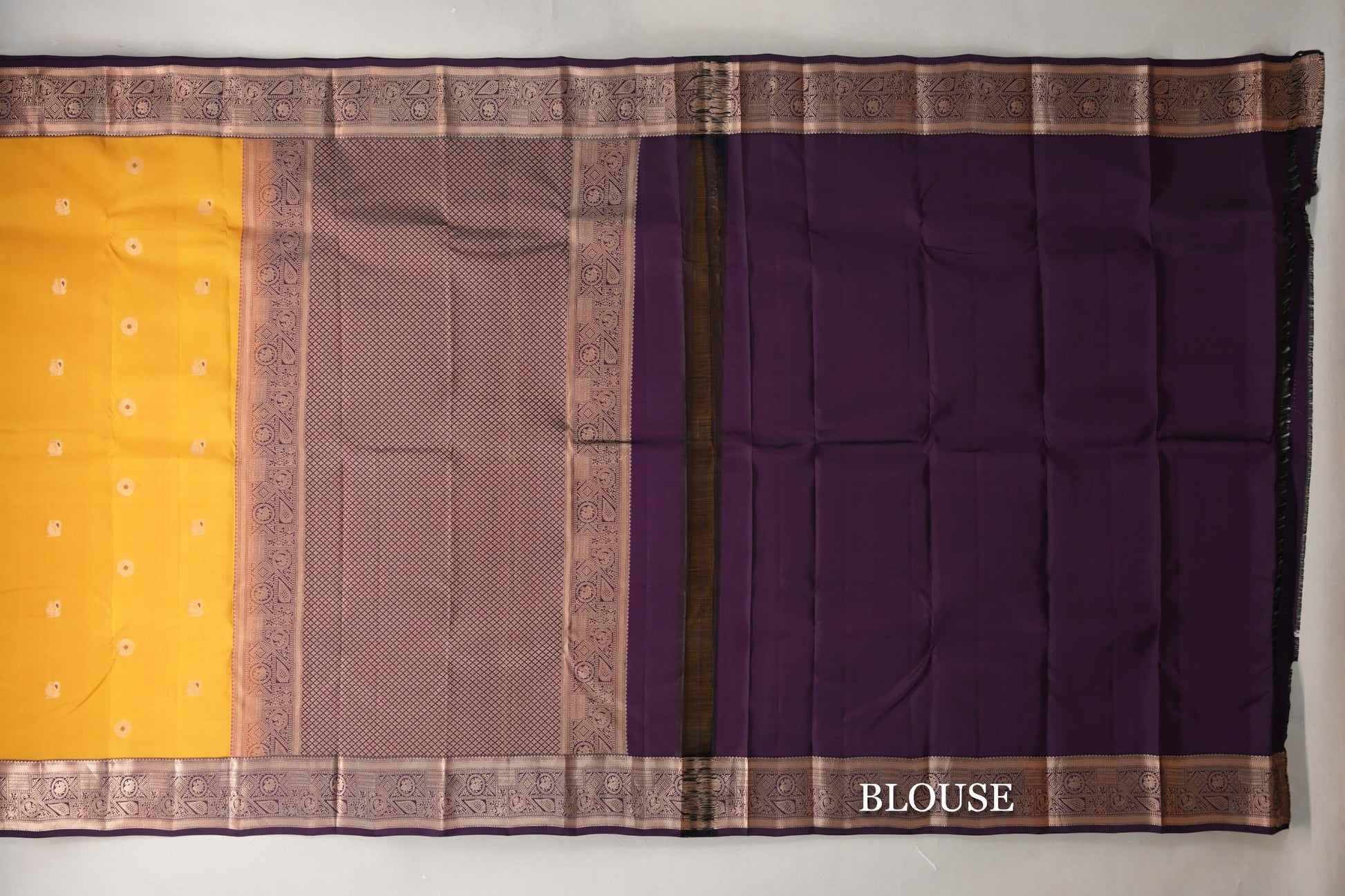 Bright Yellow with Deep Plum Borders Soft Silk Saree blouse