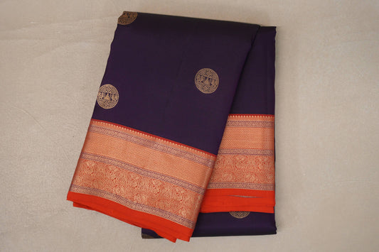 Deep Purple with Bright Orange Borders Soft Silk Saree