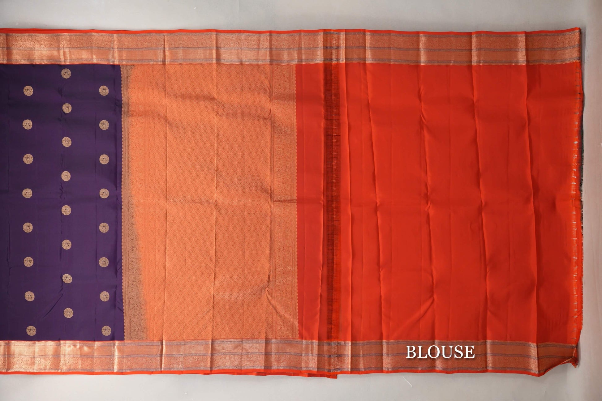 Deep Purple with Bright Orange Borders Soft Silk Saree blouse