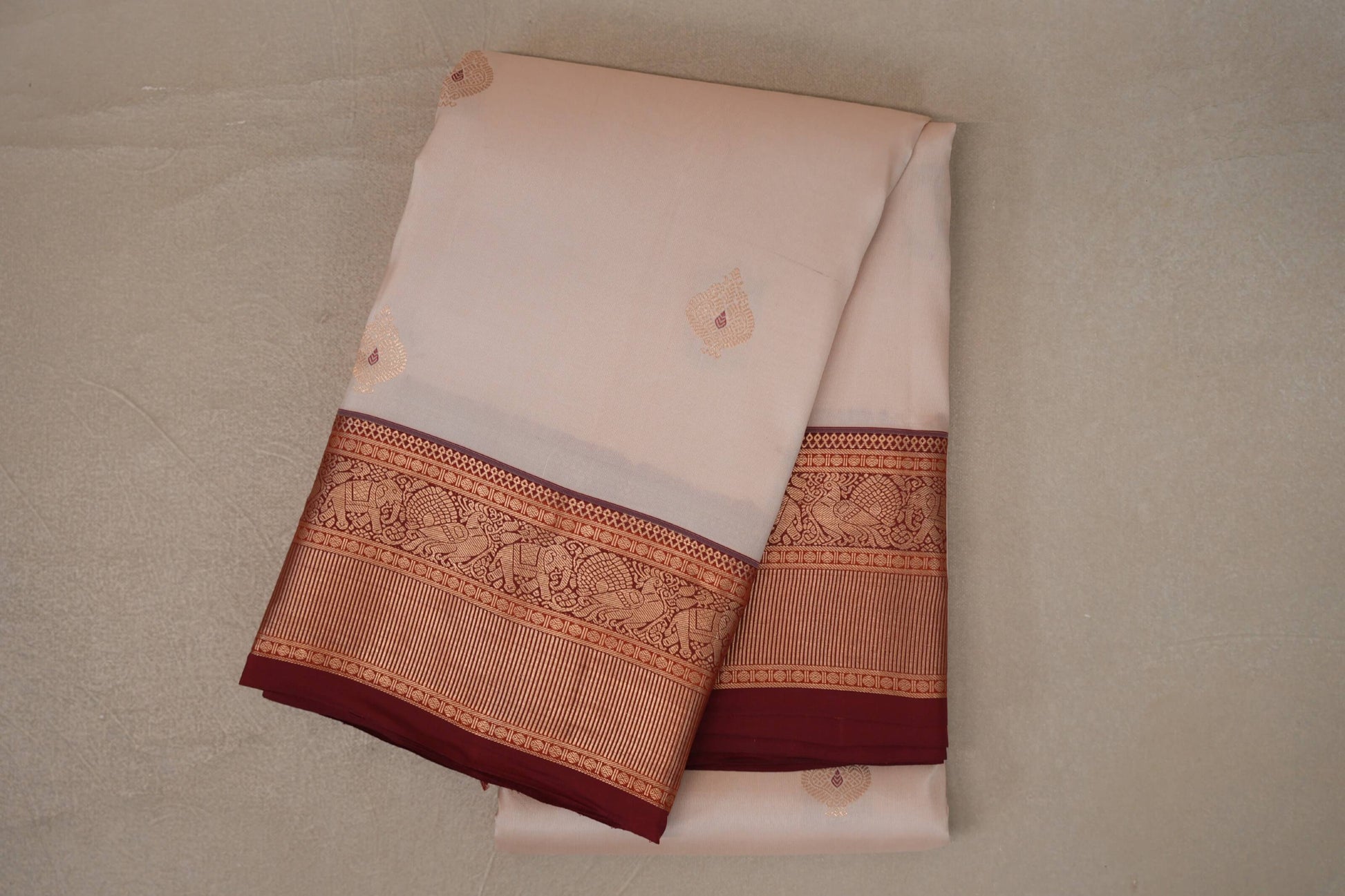 Peach Cream with Deep Maroon Borders Soft Silk Saree