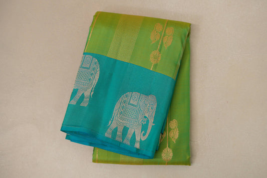 Yellowish green with Aqua Green border Light Weight Kanchipuram Silk Saree