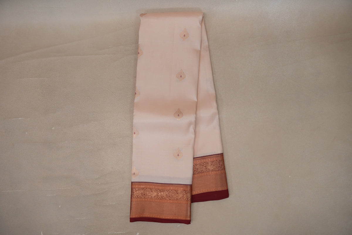 Online Peach Cream with Deep Maroon Borders Soft Silk Saree