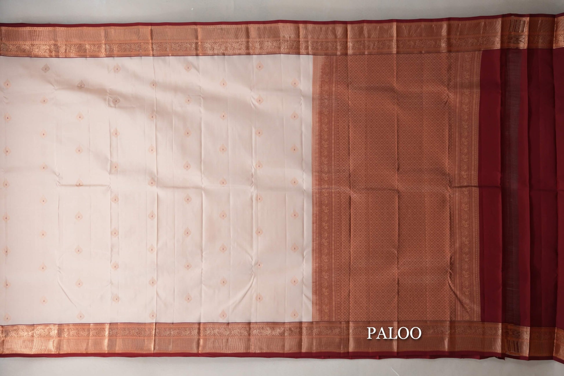 Peach Cream with Deep Maroon Borders Soft Silk Saree paloo