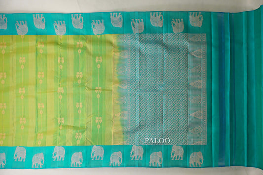 Yellowish green with Aqua Green border Light Weight Kanchipuram Silk Saree paloo