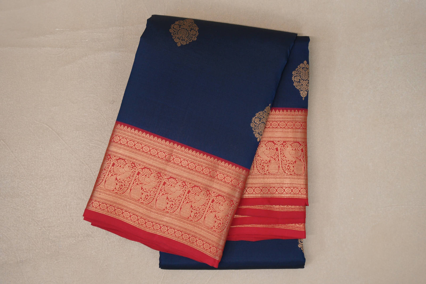 Navy Blue with Bright Red Borders Soft Silk Saree