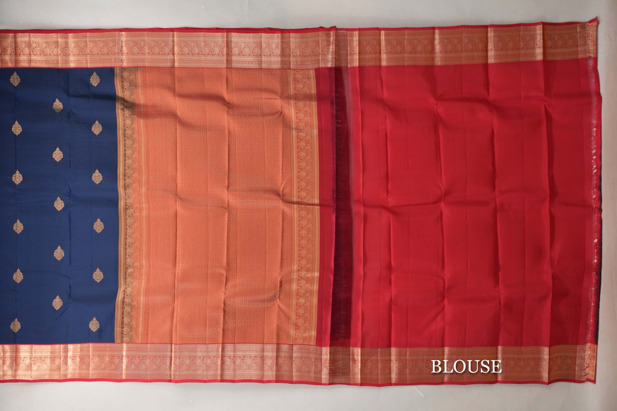 Navy Blue with Bright Red Borders Soft Silk Saree blouse