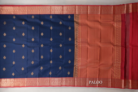 Navy Blue with Bright Red Borders Soft Silk Saree paloo