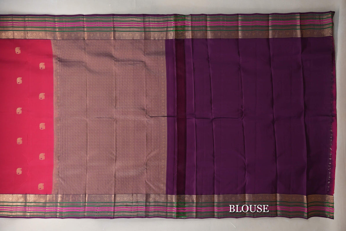 Bright Rani Pink with Deep Purple Borders Soft Silk Saree blouse