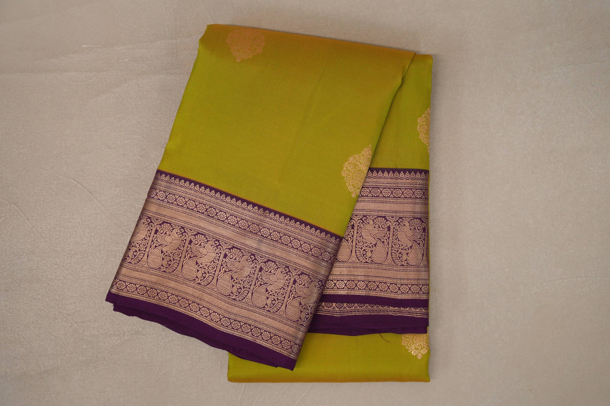 Dual Tone of Green & Yellow with Deep Purple Borders Soft Silk Saree