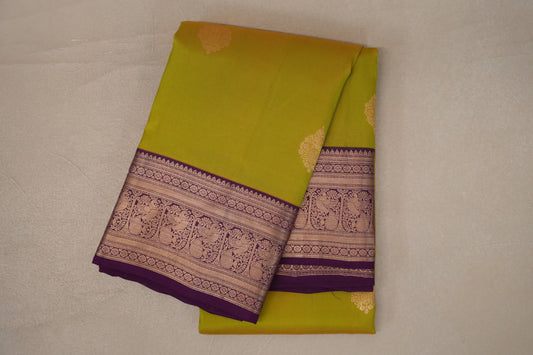Dual Tone of Green & Yellow with Deep Purple Borders Soft Silk Saree