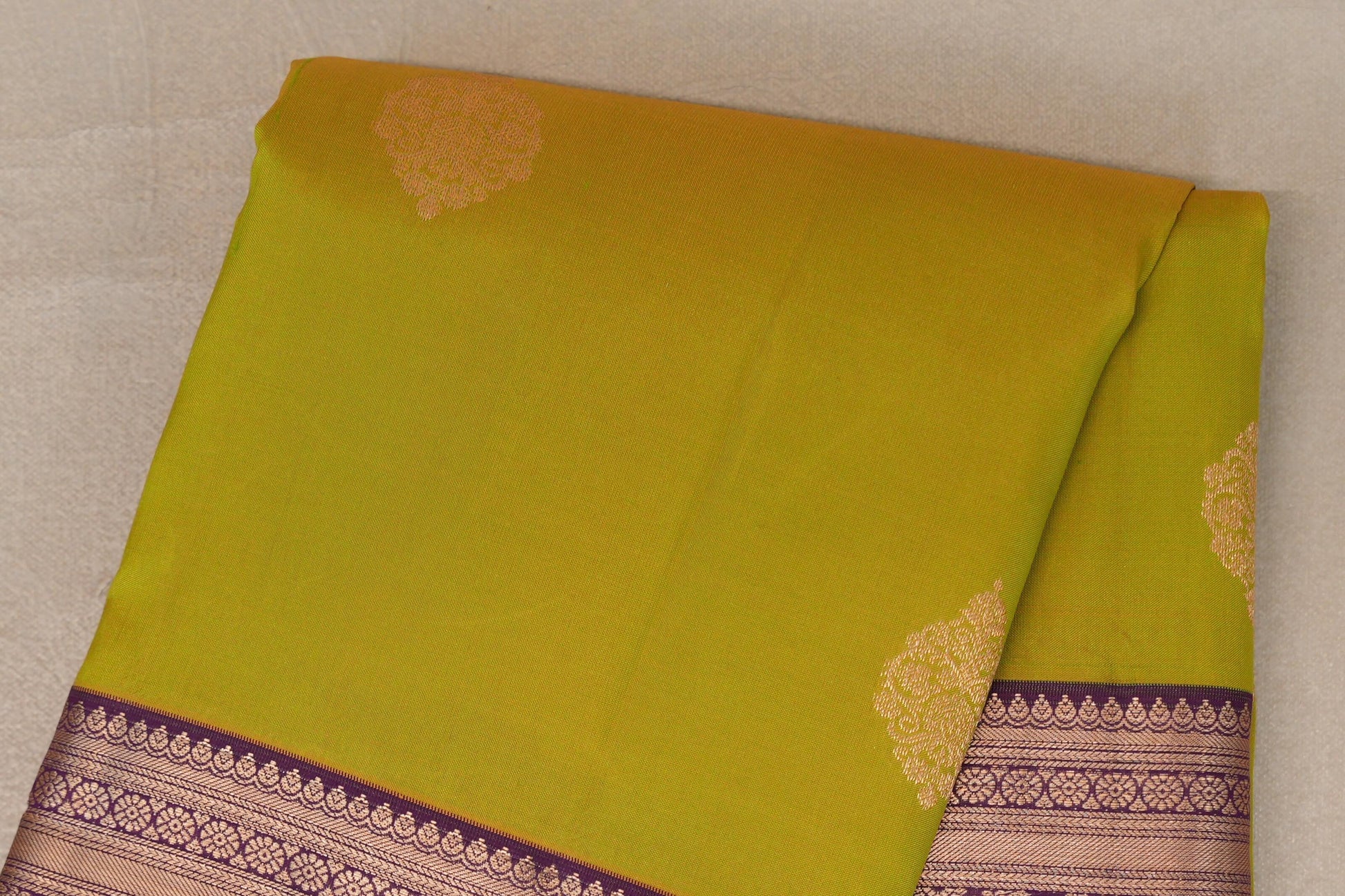 Dual Tone of Green & Yellow with Deep Purple Borders Soft Silk Saree body