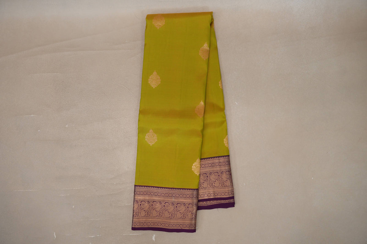 Online Dual Tone of Green & Yellow with Deep Purple Borders Soft Silk Saree