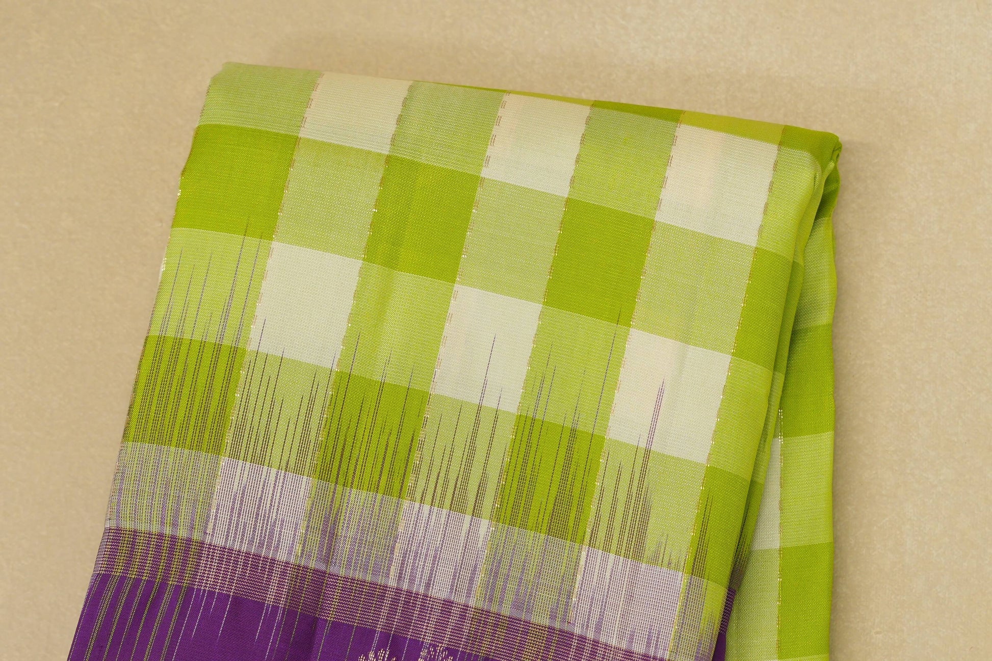 Lime Green and Off White Checks  Light Weight Kanjivaram Silk Saree body zoom