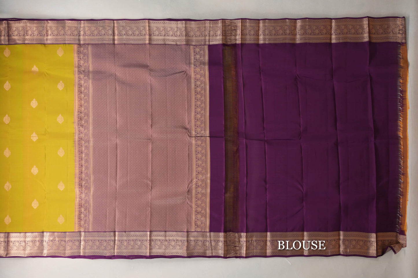 Dual Tone of Green & Yellow with Deep Purple Borders Soft Silk Saree blouse