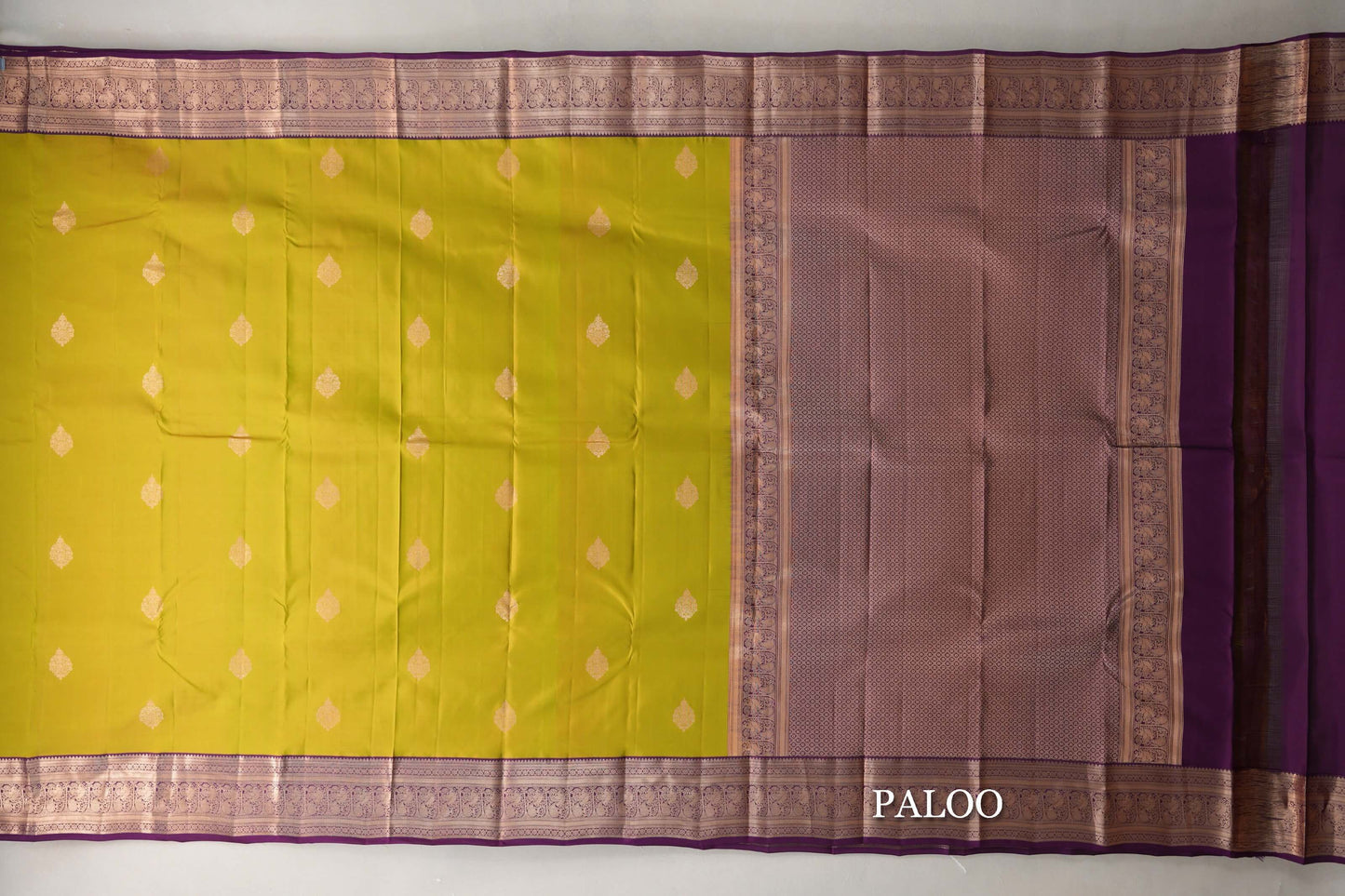 Dual Tone of Green & Yellow with Deep Purple Borders Soft Silk Saree paloo