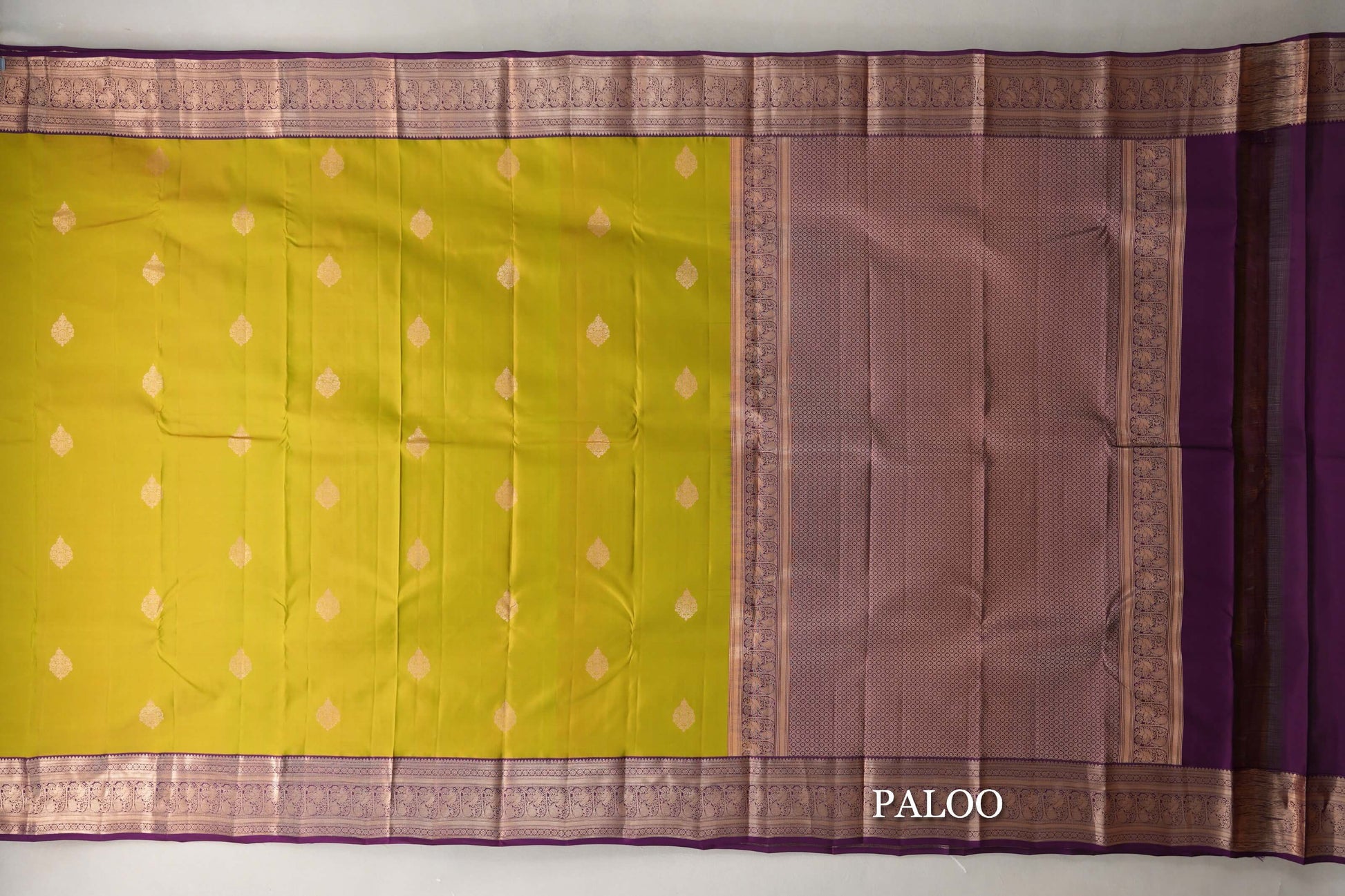 Dual Tone of Green & Yellow with Deep Purple Borders Soft Silk Saree paloo
