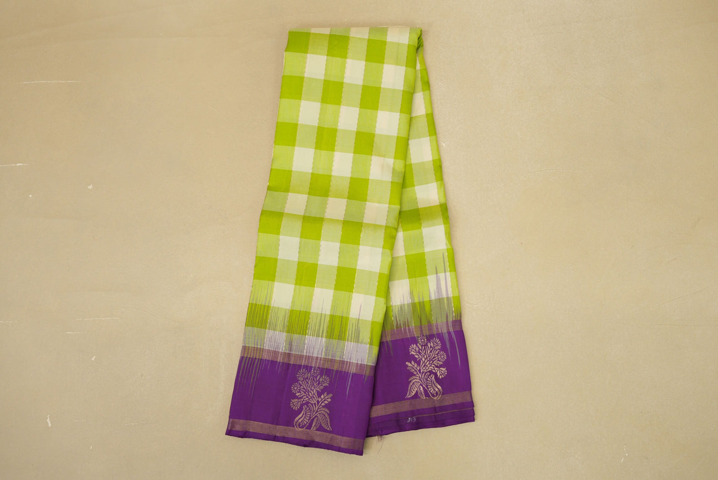 Lime Green and Off White Checks  Light Weight Kanjivaram Silk Saree 