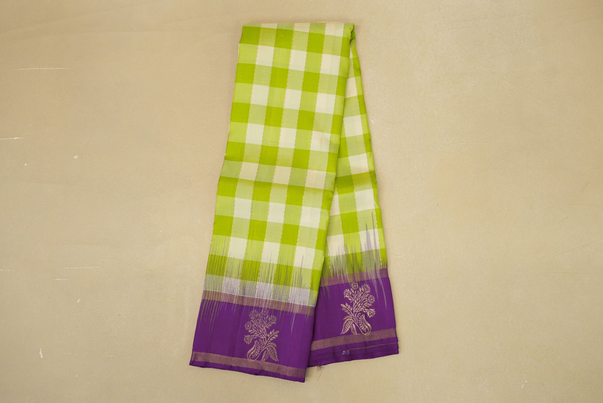 Lime Green and Off White Checks  Light Weight Kanjivaram Silk Saree 