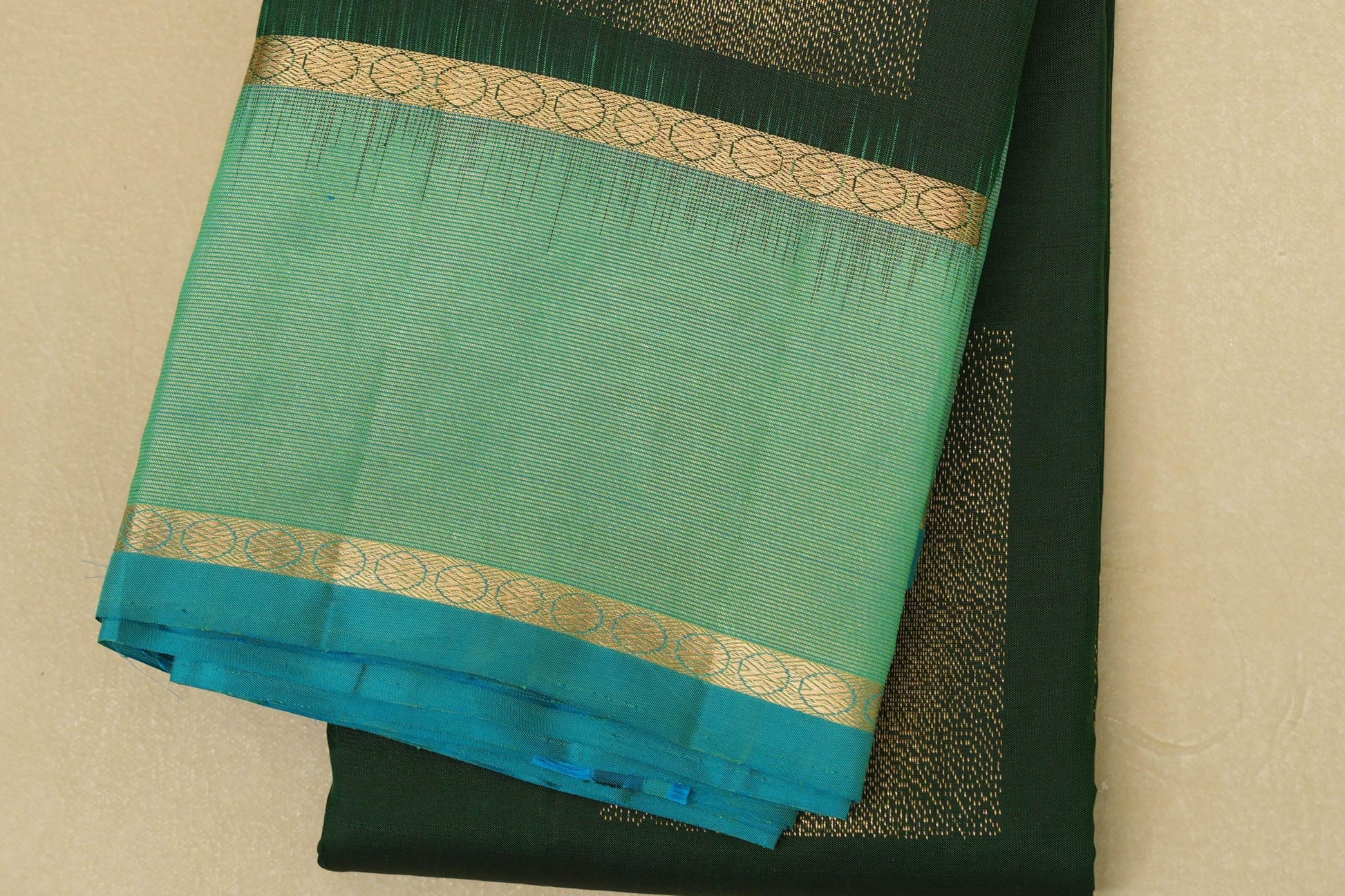 Deep Bottle Green with Mint Green Borders Light Weight Kanjivaram Silk Saree border zoom