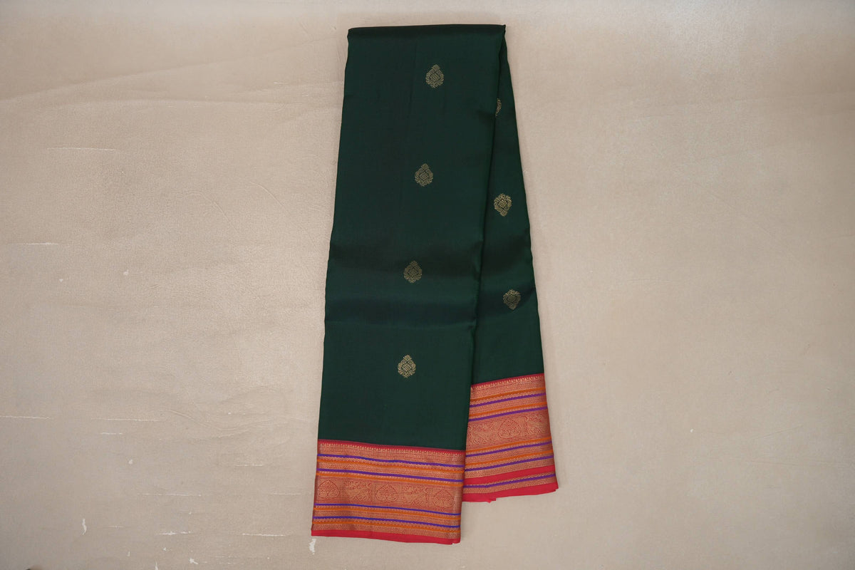 Online Deep Bottle Green with Multi Color Borders Soft Silk Saree