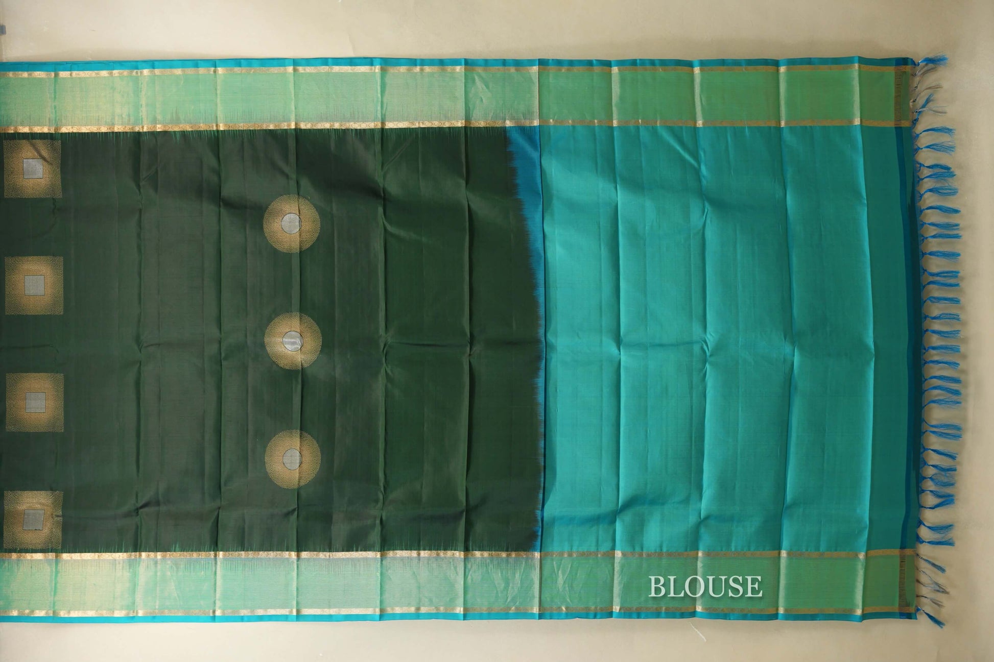 Deep Bottle Green with Mint Green Borders Light Weight Kanjivaram Silk Saree blouse