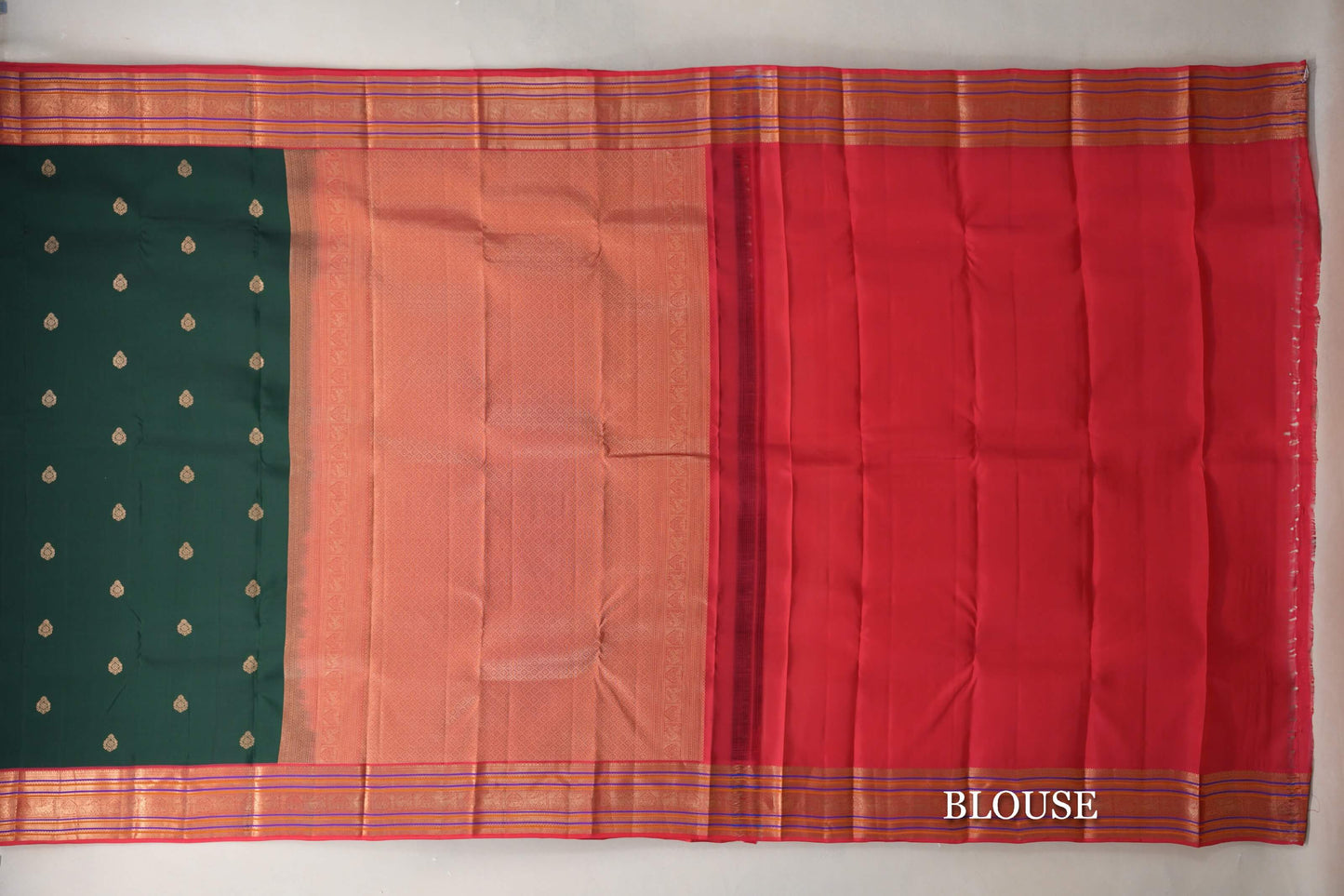 Deep Bottle Green with Multi Color Borders Soft Silk Saree blouse