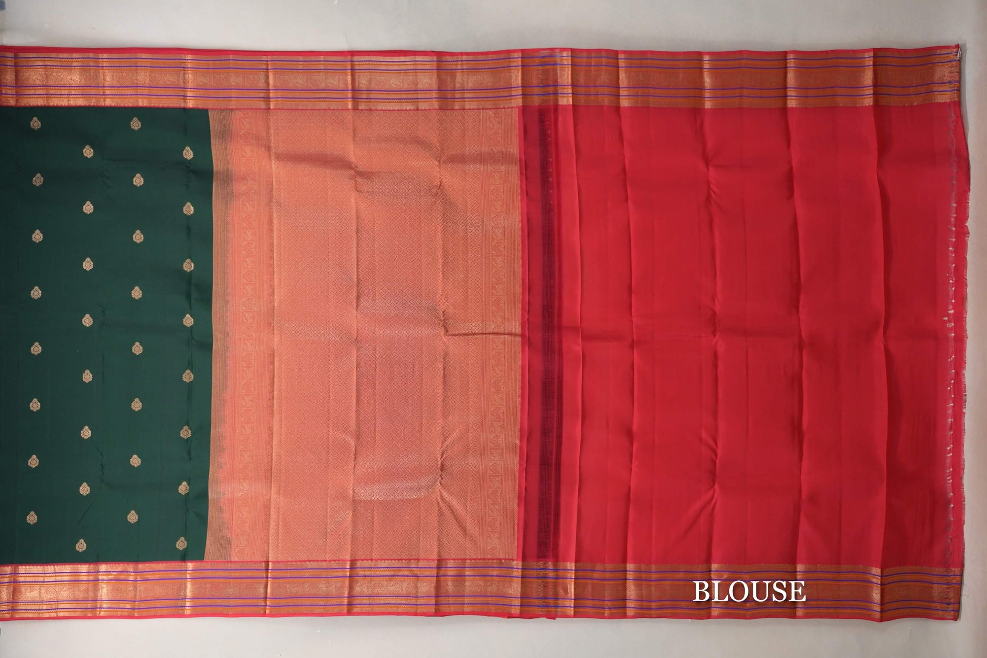Deep Bottle Green with Multi Color Borders Soft Silk Saree blouse