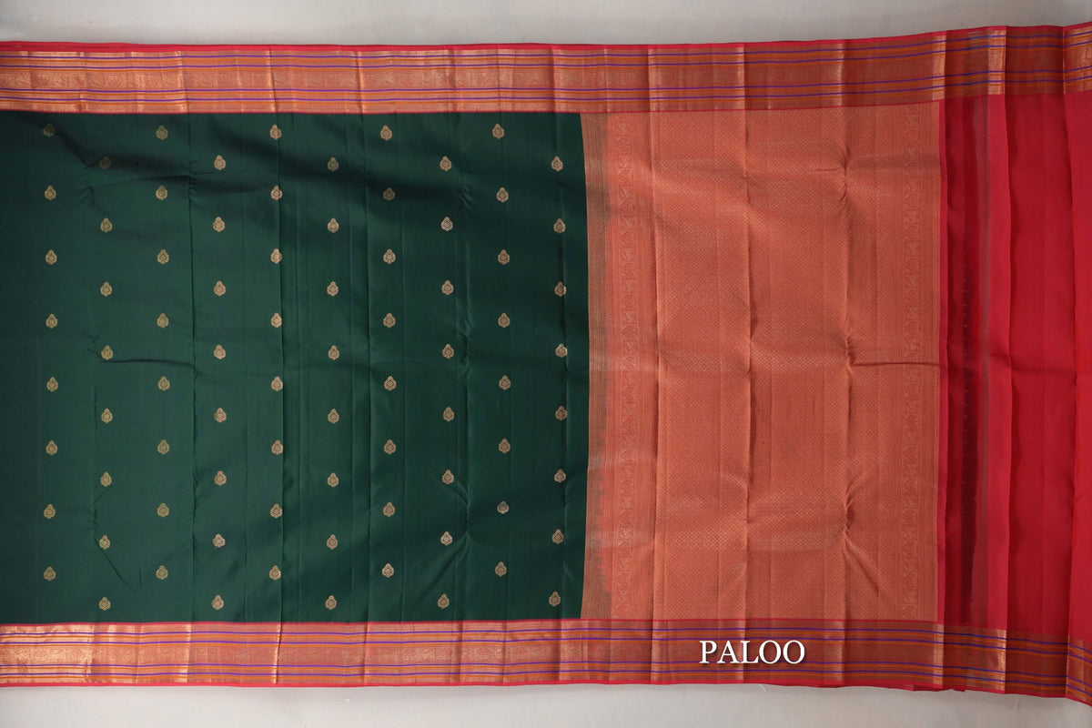 Deep Bottle Green with Multi Color Borders Soft Silk Saree paloo