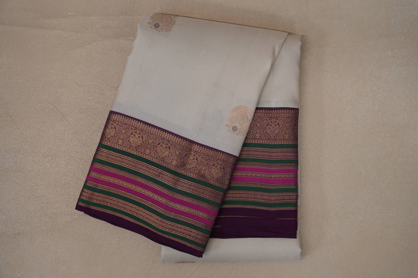 Light Beige with Multi Color Borders Soft Silk Saree 
