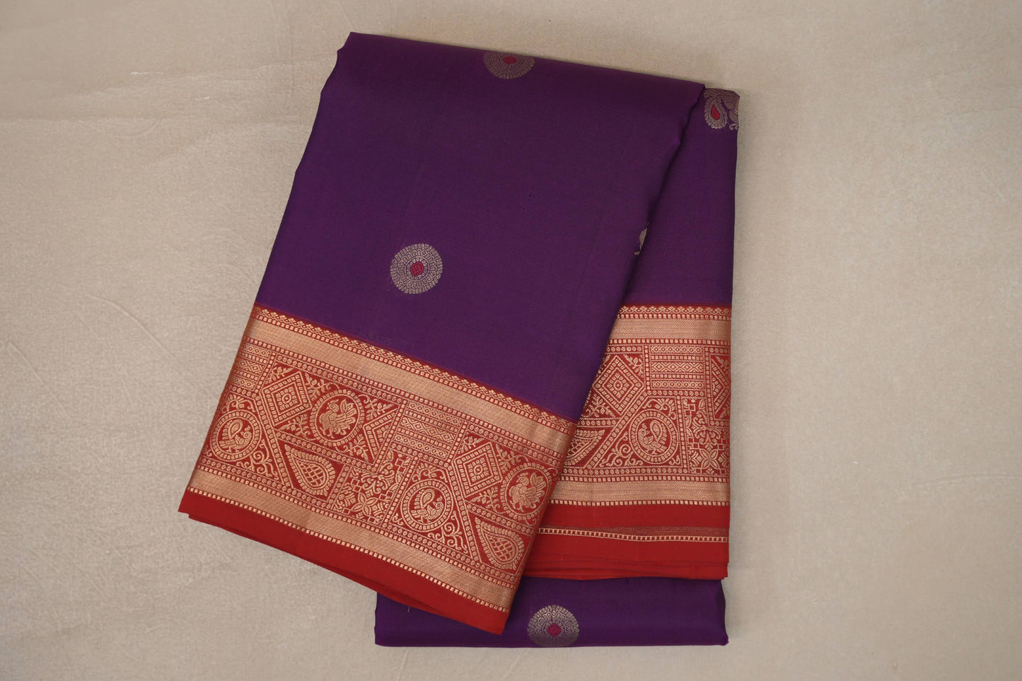 Deep Purple with Tomato Red Borders Soft Silk Saree