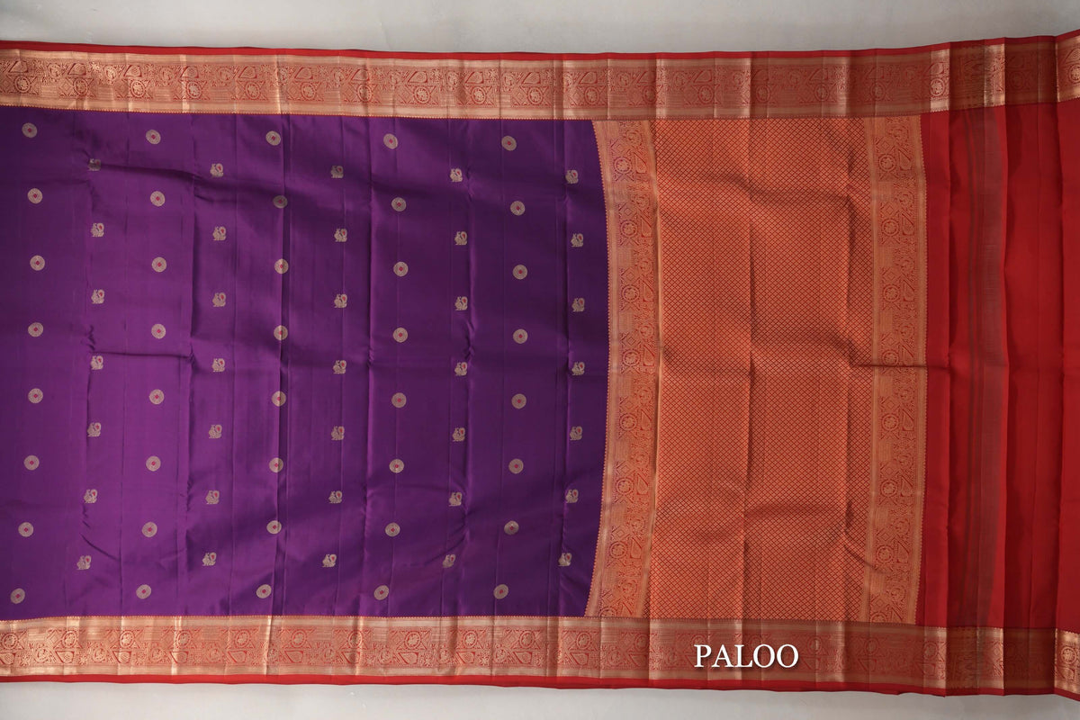 Deep Purple with Tomato Red Borders Soft Silk Saree paloo