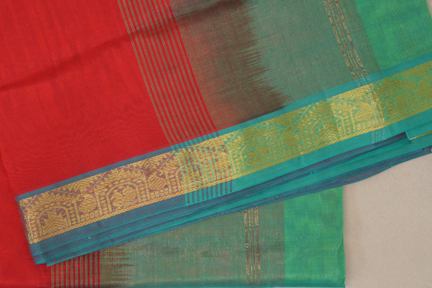 Bright Red Vegan Silk Cotton Saree borders
