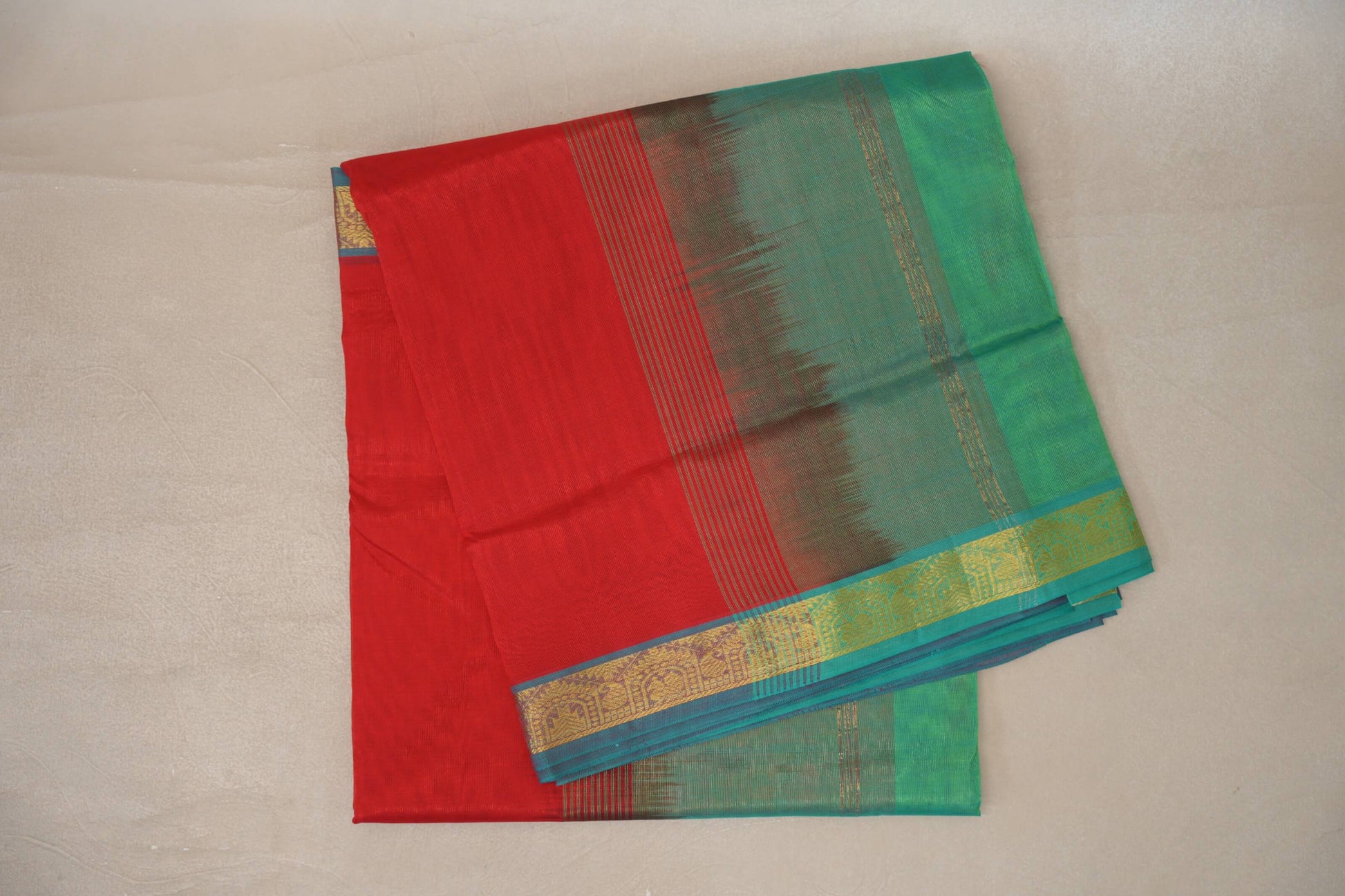 Bright Red with Aqua Green & Aqua Blue Selvedge Borders Vegan Silk Cotton Saree 