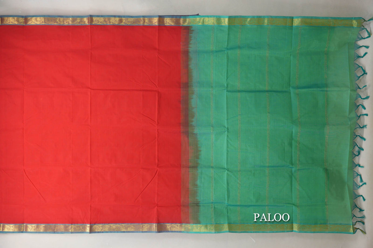 Bright Red with Aqua Green & Aqua Blue Selvedge Borders Vegan Silk Cotton Saree paloo
