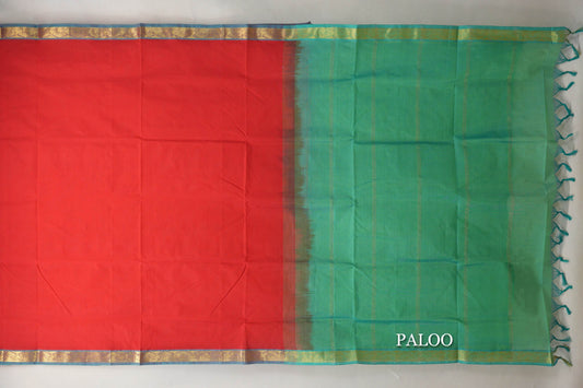 Bright Red with Aqua Green & Aqua Blue Selvedge Borders Vegan Silk Cotton Saree paloo