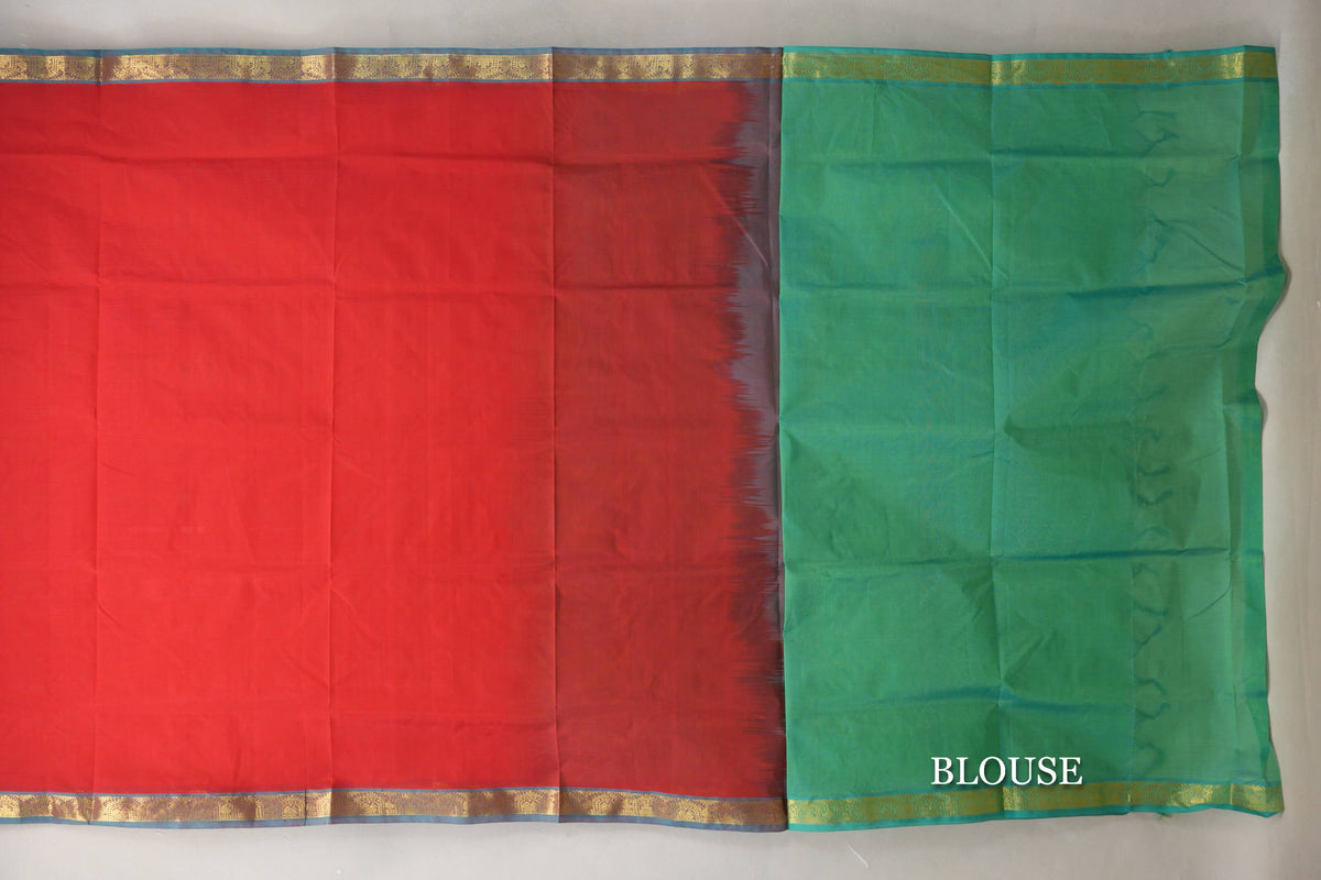 Bright Red with Aqua Green & Aqua Blue Selvedge Borders Vegan Silk Cotton Saree  blouse