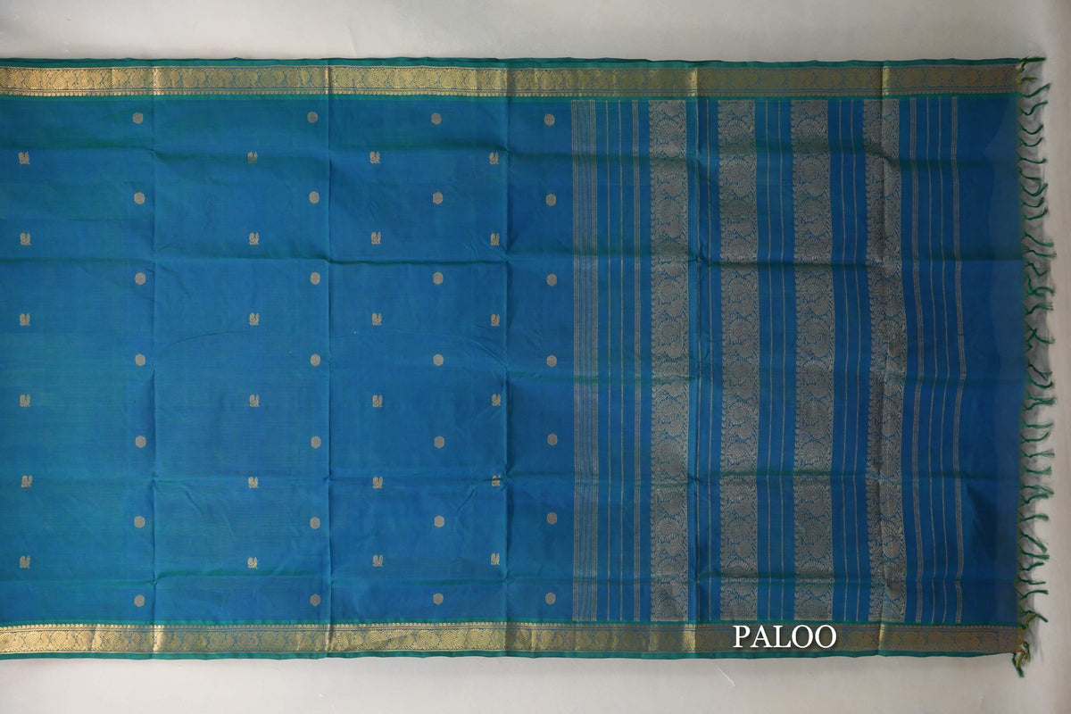 Peacock Blue Vegan Silk Cotton Saree paloo